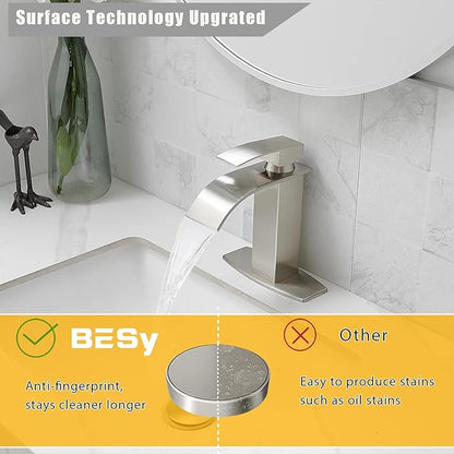 BESy Waterfall Bathroom Faucet, Single Handle Bathroom Vanity Sink Faucet, Rv Faucet Deck Plate, Stainless Steel Brushed Nickel, 1 or 3 Hole with Pop Up Drain