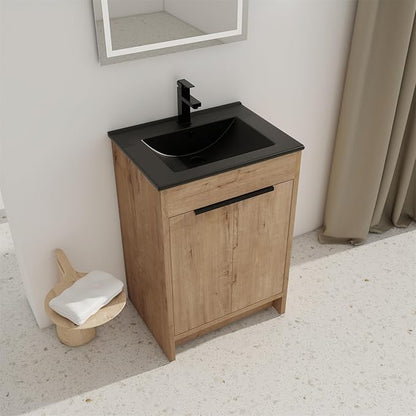 SSLine 24-Inch Bathroom Vanity with Sink Mid-Century Bathroom Vanities with Black Top Basin Floor Wood Bathroom Sink Cabinet with Soft-Close Doors & Adjustable Storage Shelves (Natural Brown)