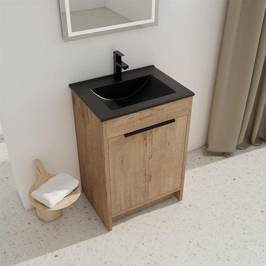 SSLine 24-Inch Bathroom Vanity with Sink Mid-Century Bathroom Vanities with Black Top Basin Floor Wood Bathroom Sink Cabinet with Soft-Close Doors & Adjustable Storage Shelves (Natural Brown)