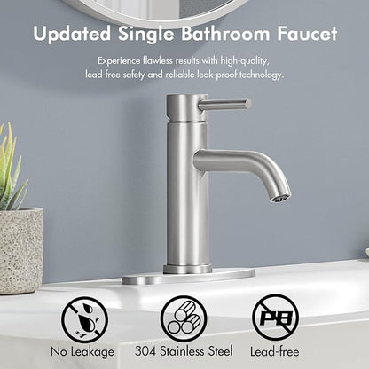 Brushed Nickel Bathroom Faucet, WINKEAR Single Hole Bathroom Faucet with Pop-up Drain and Flexible Hoses, Single Handle for Sink, Vanity, RV, Modern Farmhouse