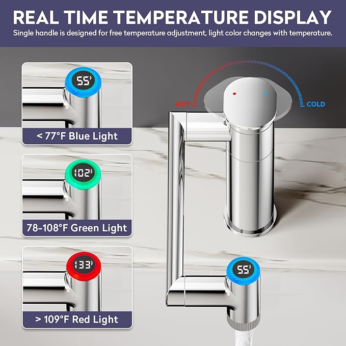 HOWUWEY 1080° Rotatable Single Hole Bathroom Vanity Faucet with Temperature Display, Height Adjustable Single Lever Bathroom Sink Faucet 1 Hole, LED Basin Faucet with Color Change (Chrome)
