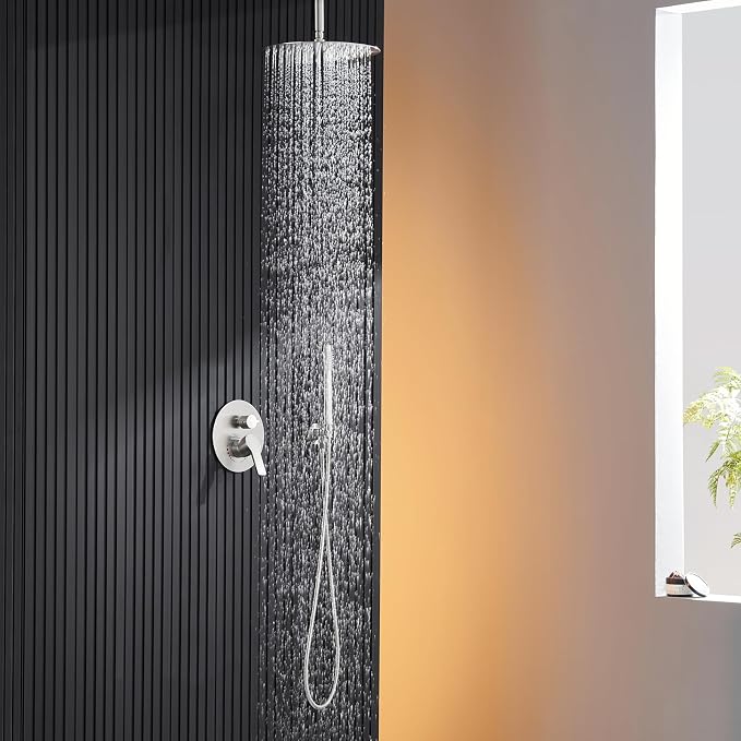 Brushed Nickel Shower Faucet Set- Rainfall Shower System Has 12 Inch Rain Shower Head with Handheld Sprayer and Brass Valve for Bathroom Shower Fixtures