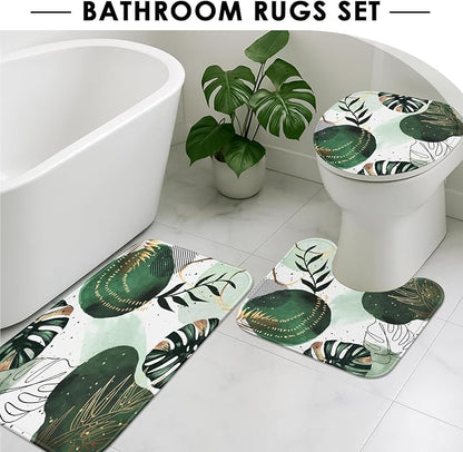Bathroom Sets with Shower Curtain and Rugs, 4 Pcs, Boho Sage Green | Abstract Mid Century Plant Bathroom Decor Set with Toilet Lid Cover, Non-Slip Bath Mats and Accessories 12 Hooks