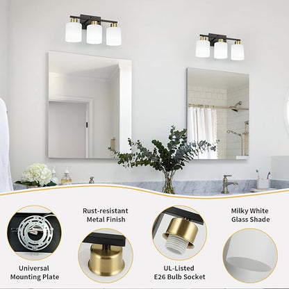WILON Bathroom Light Fixtures Over Mirror, 3 Light Black and Gold Vanity Light, Wall Sconces with White Milky Glass Lamp Shades,E26 Bathroom Vanity Light (Bulbs Not Included)