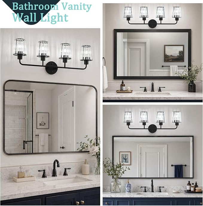 Black Vanity Lights, 4-Light Crystal Bathroom Light Fixtures | Modern Bathroom Vanity Light E26 Wall Light over Mirror (Exclude Bulb)
