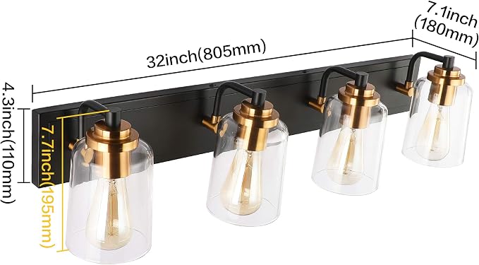 SOLFART Vintage Vanity Lighting Fixtures for Bathroom 4 Light Bathroom Vanity Light Black Brass Wall Light Sconce Light Black with Brass Light for Bath