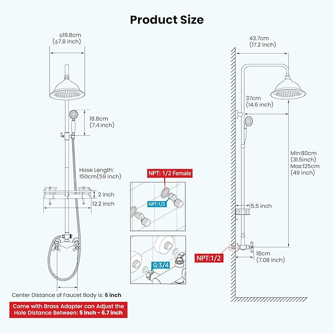 gotonovo Polish Chrome 8 inch Rainfall Shower Head With Adjustable Ceramics Handheld Sprayer Dual Functions Exposed Shower Faucet with Shower Shelf Wall Mounted Double Cross Handles