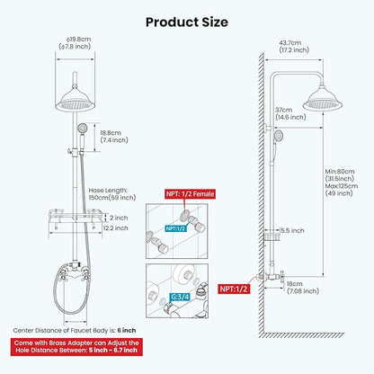 gotonovo Polish Chrome 8 inch Rainfall Shower Head With Adjustable Ceramics Handheld Sprayer Dual Functions Exposed Shower Faucet with Shower Shelf Wall Mounted Double Cross Handles