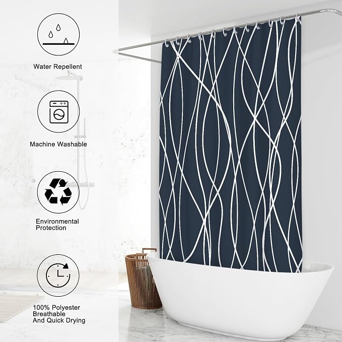 Striped Shower Curtain for Bathroom, Aegean Blue, 72" W x 72" L | with Hooks, Modern Hotel Style, Water Repellent, Washable, Weighted Hem