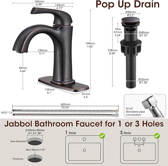 Oil-Rubbed Bronze Single Hole Bathroom Faucet, Single Handle Brass Bathroom Sink Faucet, Bathroom Sink Faucet for 1 or 3 Holes, Bathroom Faucets with Pop Up Drain and Supply Lines