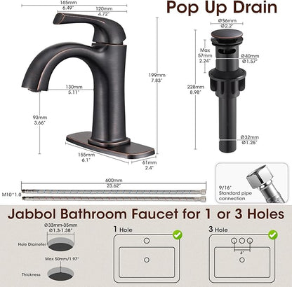 Oil-Rubbed Bronze Single Hole Bathroom Faucet, Single Handle Brass Bathroom Sink Faucet, Bathroom Sink Faucet for 1 or 3 Holes, Bathroom Faucets with Pop Up Drain and Supply Lines