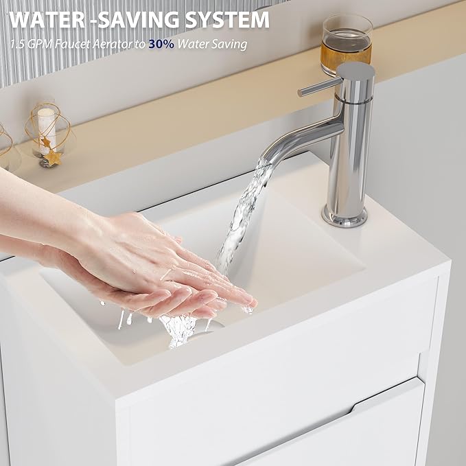 eclife 16" Small Bathroom Vanity Sink Combo, Modern Painted Wall Mounted Floating Cabinet W/Resin Basin Sink Top, Chrome Water Save Faucet & Pop Up Drain (White)
