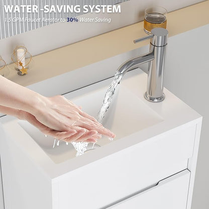 eclife 16" Small Bathroom Vanity Sink Combo, Modern Painted Wall Mounted Floating Cabinet W/Resin Basin Sink Top, Chrome Water Save Faucet & Pop Up Drain (White)