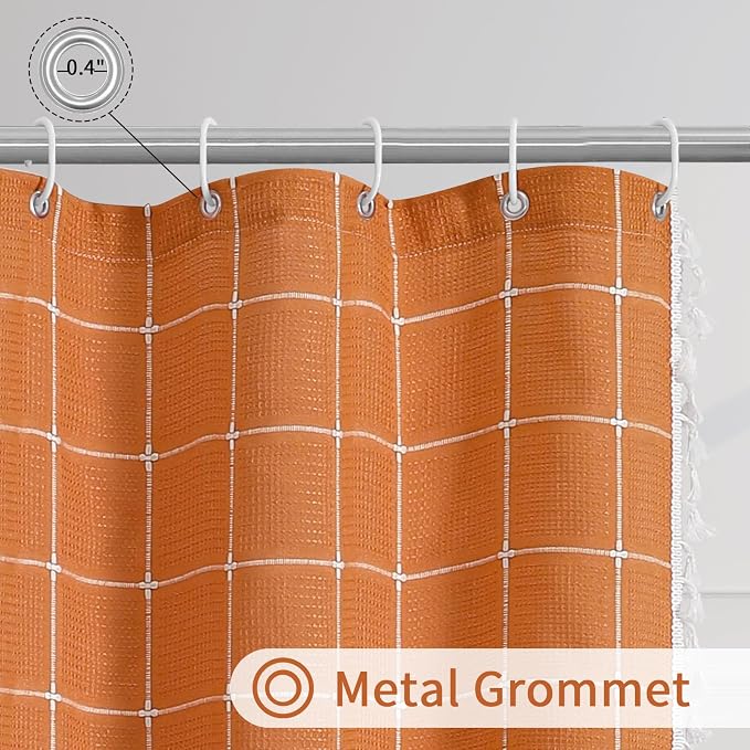 Orange Boho Farmhouse Shower Curtain for Bathroom 72x72 | 320 GSM French Country Plaid Tassel Shower Curtain, Rustic Aesthetic Bathroom Decor Windows Curtain