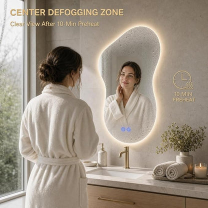 Irregular Led Bathroom Mirror with Lights 23x36 Inch, Backlit Asymmetrical Led Bathroom Mirror for Wall, Lighted Vanity Mirror with Lights, Anti-Fog, Dimmable 3 Colors, Shatter-Resistant