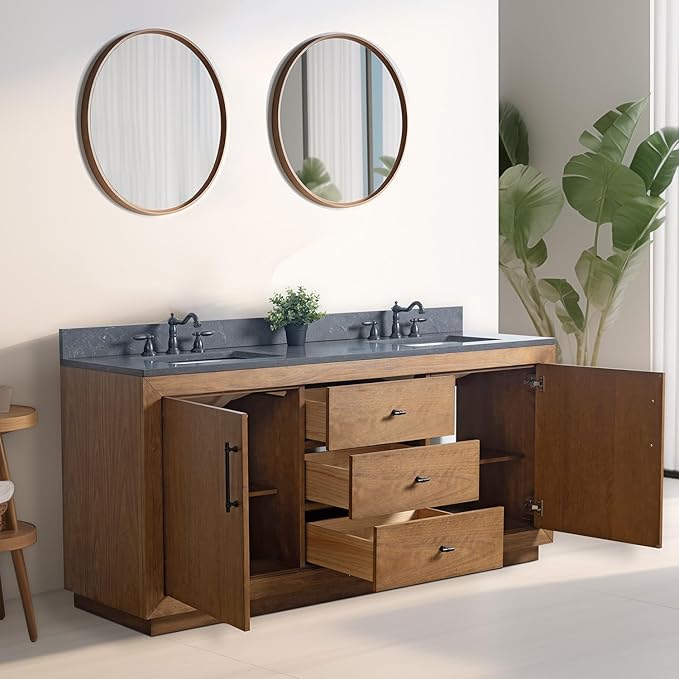 Vanity Art 72 inch Double Sink Bathroom Vanity, Vanity Cabinet with Doors and Shelf, Modern Wood Bathroom Vanity with Black Marble Top, Solid Wood Frame, 3 Functioning Drawers, VA70-72-DT-B