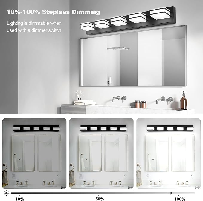 GOODATE 3 Color Temperature Dimmable Vanity Lighting Fixtures, LED Black 5 Light Bathroom Vanity Light Fixtures, Acrylic Stainless Steel Square Shade Vanity Lights for Bathroom, ETL Certificated