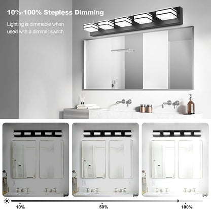 GOODATE 3 Color Temperature Dimmable Vanity Lighting Fixtures, LED Black 5 Light Bathroom Vanity Light Fixtures, Acrylic Stainless Steel Square Shade Vanity Lights for Bathroom, ETL Certificated