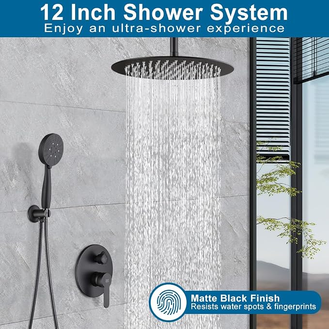 12 Inch Ceiling Mount Shower Faucet Set Matte Black Round Ceiling Shower Head and Handle Set Bathroom Rain Shower System Include Shower Valve and Trim Kit