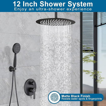 12 Inch Ceiling Mount Shower Faucet Set Matte Black Round Ceiling Shower Head and Handle Set Bathroom Rain Shower System Include Shower Valve and Trim Kit