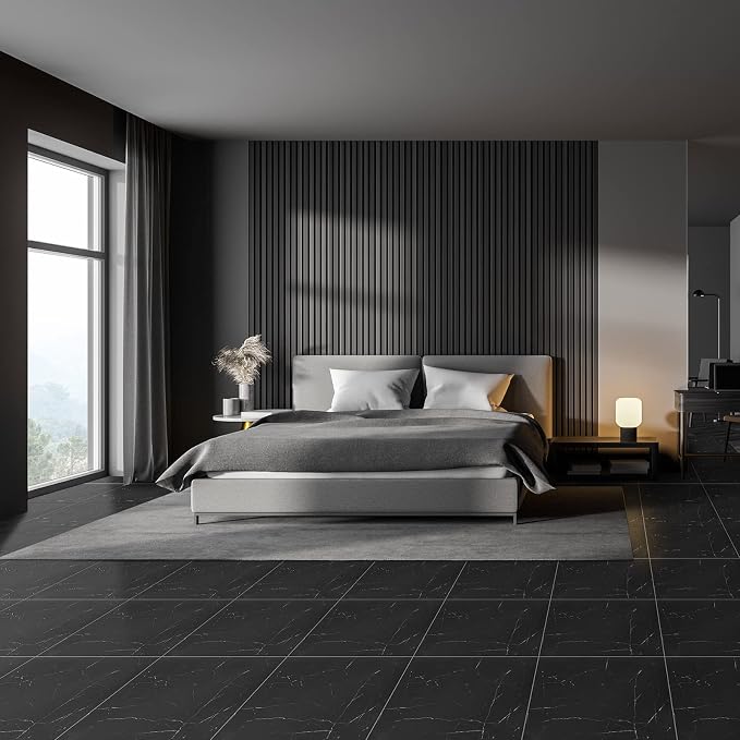 Spiareal 48 Pieces Peel and Stick Floor Tiles Vinyl Flooring 12 x 12 Inch Stick on Floor Tile Self Adhesive Waterproof DIY for Bathroom Kitchen Bedroom Living Room(Black Marble)