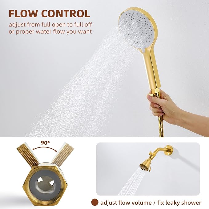 Angle Simple Shower Flow Control Valve, Water Shut Off Valve, Polished Gold | Brass Water Flow Restrictor, G 1/2 Pressure Reducer for Handheld Shower Head or Bidet Sprayer
