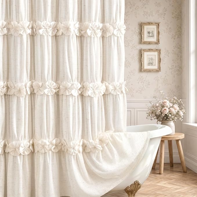 Ruffle Farmhouse Linen Shower Curtain with Vintage Bow Green 72"W x 78"H | Linen Blend Fabric, Ruffle Bow and Ruffled Hem，Linen Texture，Machine Washable，12 Metal Holes and Plastic Hooks