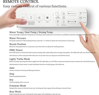 Electric Bidet Toilet Seat with Remote, Heated Toilet Seat, Instant Warm Water, Warm Air Dryer, Rear & Feminine with Oscillating Cleansing, Night Light, Slow Close Lid, LED Display - Round