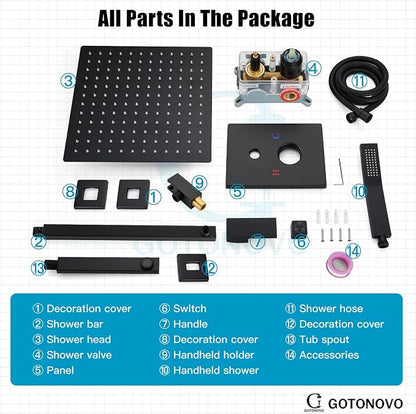 gotonovo Bathtub Shower Faucet Set, 10 Inch Shower Head, Matte Black | Wall Mounted Shower System with Tub Spout for Bathroom, Square High Pressure Rain Shower head with Handheld Spray, All Metal