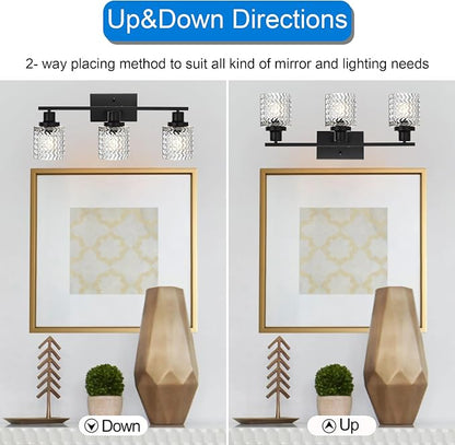 MELUCEE 3 Lights Modern Bathroom Light Fixtures Black Vanity Lights | Indoor Wall Mounted Light with Hammered Glass Shade Suitable for Bathroom Living Room Hallway