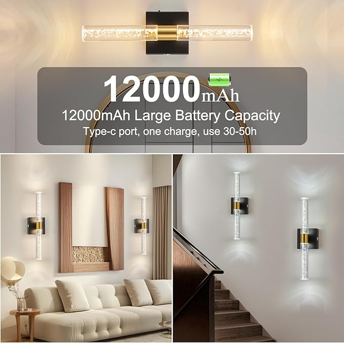 Battery Operated Wall Sconces Set of Two, Rechargeable Modern Crystal Bathroom Sconces, 3000K-6000K Dimmable Gold LED Wireless Wall Lights for Vanity Bedroom Living Room Hallway（Black Gold）