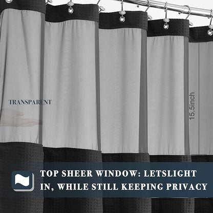 N&Y HOME Waffle Weave Shower Curtain with Snap-in Fabric Liner & 12 Black Hooks Set - Hotel Style, Water-Repellent & Washable, Mesh Top Window - 71x72, Black