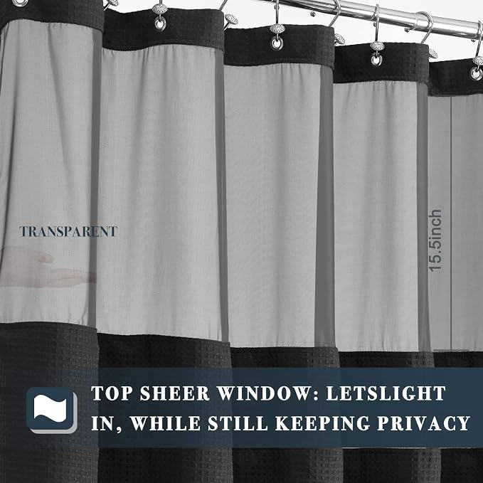 N&Y HOME Extra Long Waffle Shower Curtain with Snap-in Liner Black, 71x84 | 12 Black Hooks Included, Snap on/off Fabric Liner, Mesh Window, Washable, Hotel Style Black Shower Curtain Set for Bathroom