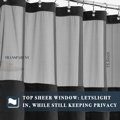 N&Y HOME Extra Long Waffle Shower Curtain with Snap-in Liner Black, 71x84 | 12 Black Hooks Included, Snap on/off Fabric Liner, Mesh Window, Washable, Hotel Style Black Shower Curtain Set for Bathroom