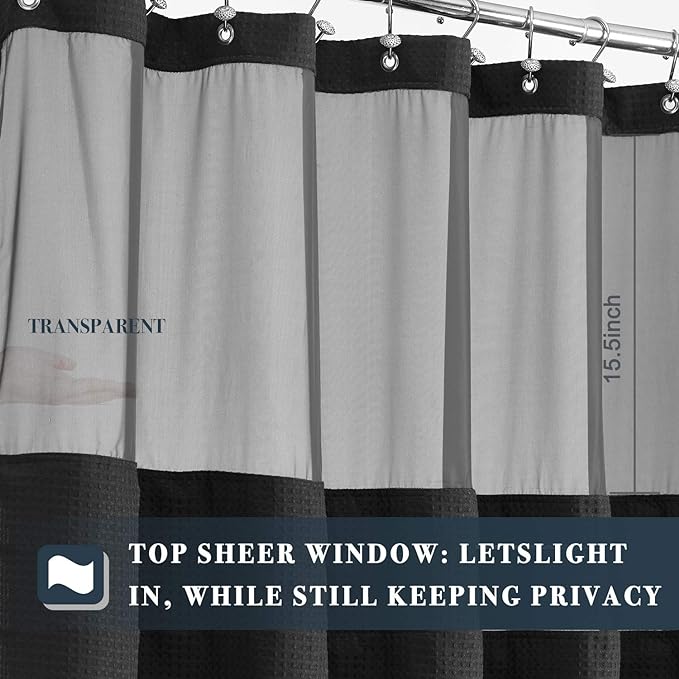 N&Y HOME Extra Long Waffle Weave Shower Curtain with Snap-in Fabric Liner Set, 12 Black Hooks Included - 71" x 84", Hotel Style, Mesh Top Window, Machine Washable & Water-Repellent - 71x84, Black