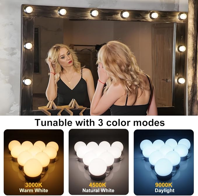 LED Vanity Mirror Lights 14, 3-Color Dimmable Stick-On Makeup Light USB | 3000K/4000K/6500K 3-Color, 10-Level Dimming, No-Drill Adhesive Mount, 5V USB Powered, Adjustable 0.4-10" Spacing, 14 Lights