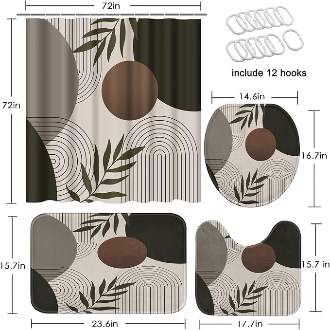 Bathroom Sets with Shower Curtain and Rugs, 4 Pcs, Minimalist Leaf | Boho Mid Century Geometric Bathroom Decor Set with Toilet Lid Cover, Non-Slip Bath Mats and Accessories 12 Hooks