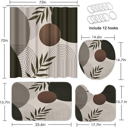 Bathroom Sets with Shower Curtain and Rugs, 4 Pcs, Minimalist Leaf | Boho Mid Century Geometric Bathroom Decor Set with Toilet Lid Cover, Non-Slip Bath Mats and Accessories 12 Hooks