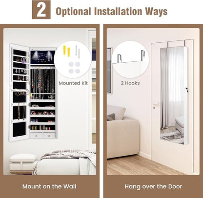 LOKO Mirrored Jewelry Armoire, Wall/Door Mounted Jewelry Cabinet with Full-Length Mirror, Lockable Jewelry Storage Organizer with 2 Drawers & 2 LED Lights, for Girls Women Gift Bedroom (White)