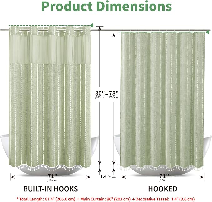 eachope No Hook Long Shower Curtain Set with Snap-in Fabric Liner,Linen Ultra Thick Fabric with Tassels,Boho Chic Modern Farmhouse Country Neutral Cloth Shower Curtains for Bathroom,Sage Green,71x80 | 330GSM Thick Linen Textured Striped,Boho Farmhouse ...