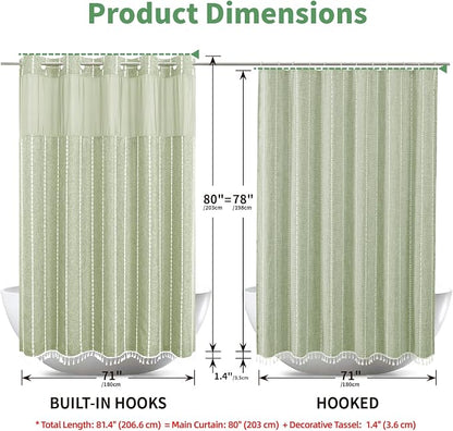 eachope No Hook Long Shower Curtain Set with Snap-in Fabric Liner,Linen Ultra Thick Fabric with Tassels,Boho Chic Modern Farmhouse Country Neutral Cloth Shower Curtains for Bathroom,Sage Green,71x80 | 330GSM Thick Linen Textured Striped,Boho Farmhouse ...