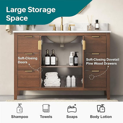 48 Inch Bathroom Vanity with Sink, No Assembly Required Single Sink Bathroom Vanity with Soft Close Doors & Dovetail Drawers, Solid Wood Bathroom Vanities, Engineered Stone Top, Walnut