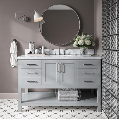 DKB Olivia 54" Grey Bathroom Vanity with Sink, 1.5" Edge Italian Carrara Marble Countertop, Rectangular Undermount Sink, 2 Soft Closing Doors, 6 Dovetail Drawers