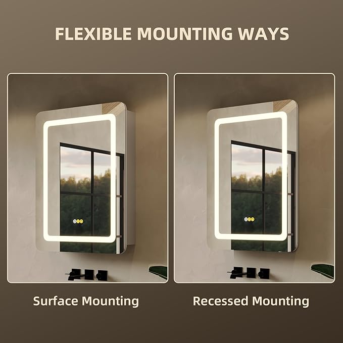 24"x32" LED Bathroom Mirror Cabinet with Lights, Wall Mounted or Recessed Medicine Cabinet, Dimmable Front & Anti-Fog, Adjustable Shelves, Modern Aluminum Storage Cabinet (24X32 in|1 Door)