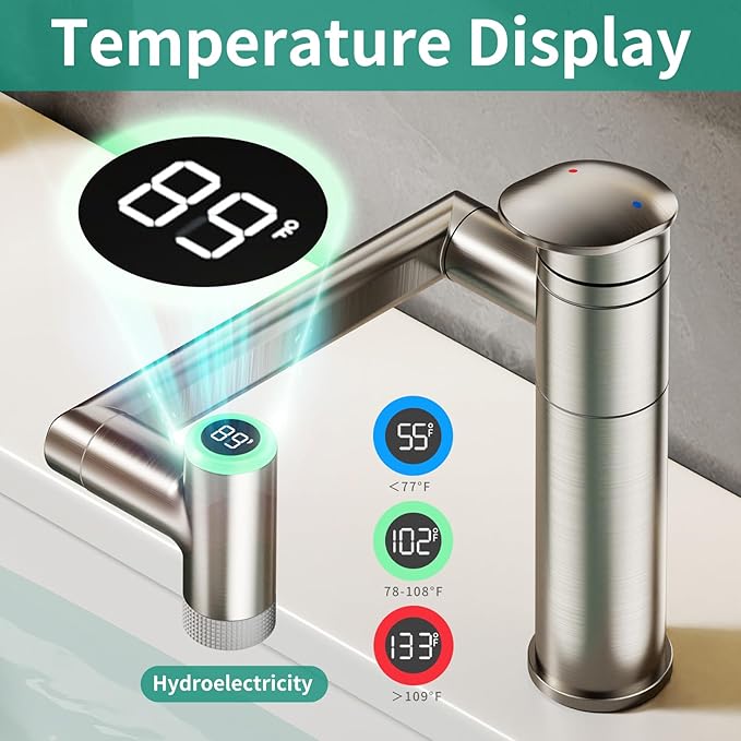 Modern Bathroom Faucet 1 Hole with Temperature Display(Batteries-Free), 1080° Rotatable Single Hole Bathroom Faucet, Single Handle Bathroom Vanity Faucets, 2 Spray Modes (Brushed Nickel)