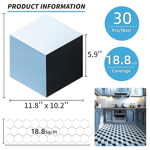 Art3d 30-Pack Hexagon Peel and Stick Vinyl Floor Tiles, Blue/Black/White | 11.8" x 10.2" Single Tile, Self Adhesive, Waterproof, Simple to Clean, Ideal for Kitchen, Bathroom, Living Room, Bedroom