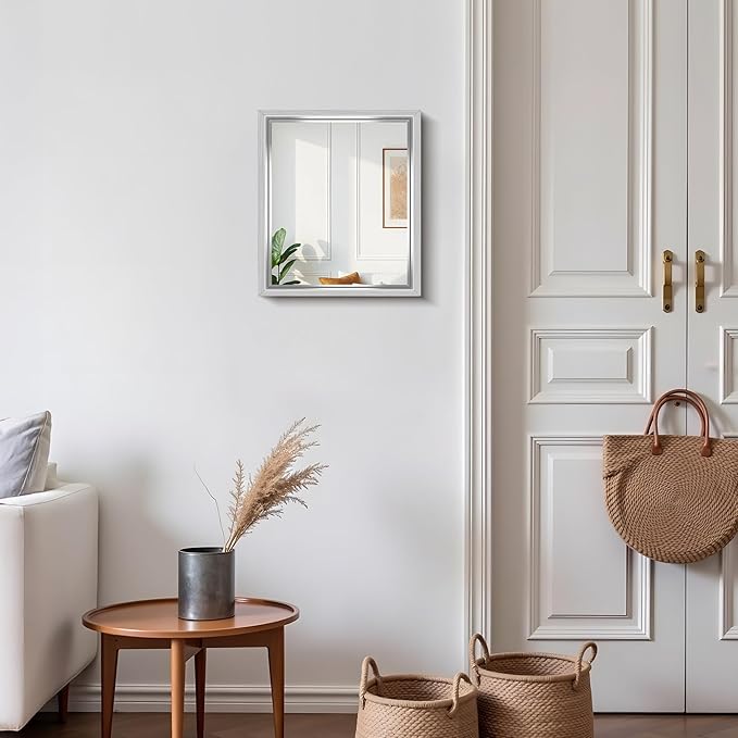 CIRCUMI 14"x16" Silver Mirror with Chunky Box Metal Frame, Brushed Finish Rectangular Wall Mirrors for Living Room, Entryway, Hallway, Tempered Glass Mirror as Decor, Installed Vertical or Horizontal