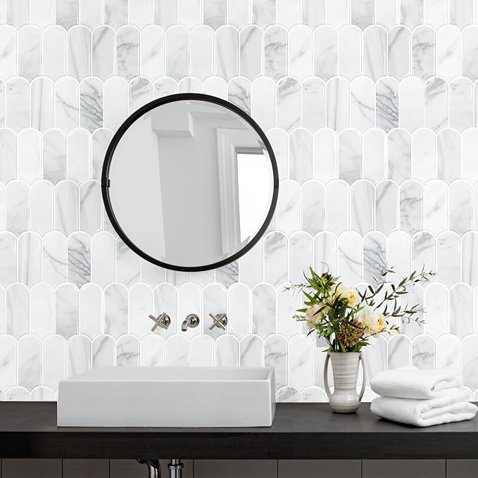 Vamos Tile Peel and Stick Backsplash,Thicker Design, Statuary White,10 pcs | Self Adhesive Vinyl Wall Tiles with White Grout, Stick on Backsplash for Kitchen, Bathroom, RV