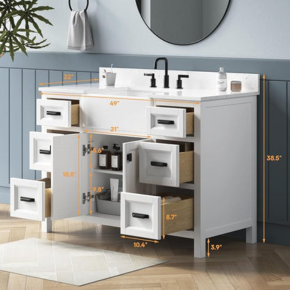 48 Inch Bathroom Vanity with Sink, Solid Wooden Frame Bathroom Storage Cabinet, Modern Bathroom Vanities Set Bathroom Cabinet with Soft Closing Doors & Drawers-White