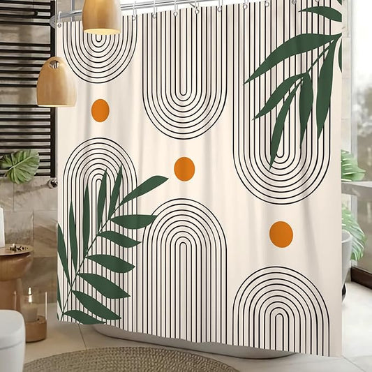 Boho Mid Century Shower Curtain Abstract Arch Geometric Sun Curve Rainbow Tropical Leaves Minimalist Shower Curtain Aesthetic Beige Bathroom Decor Fabric Curtain Set 72x72 inch